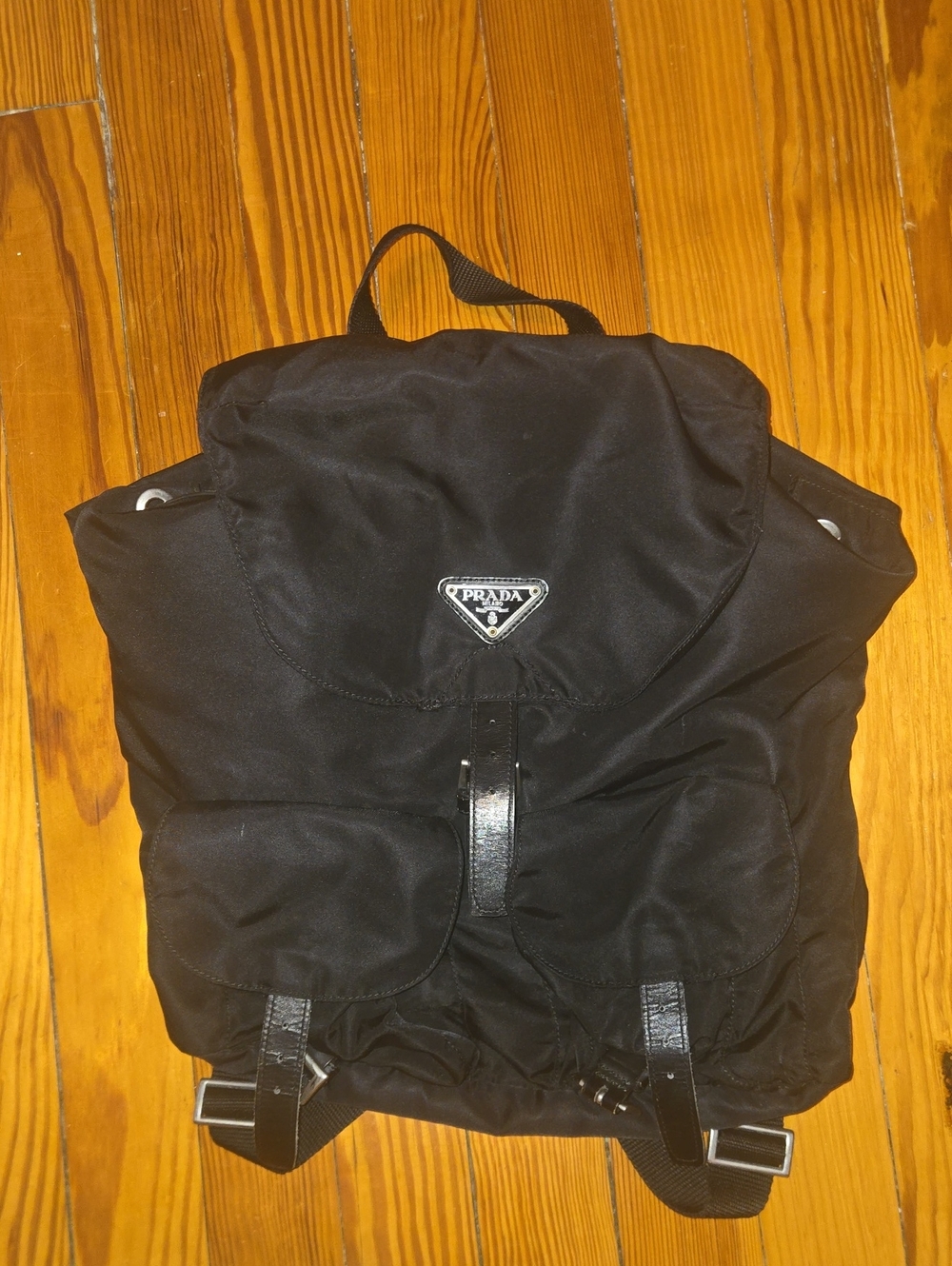 Prada Black Nylon Drawstring Backpack with Leather Trim